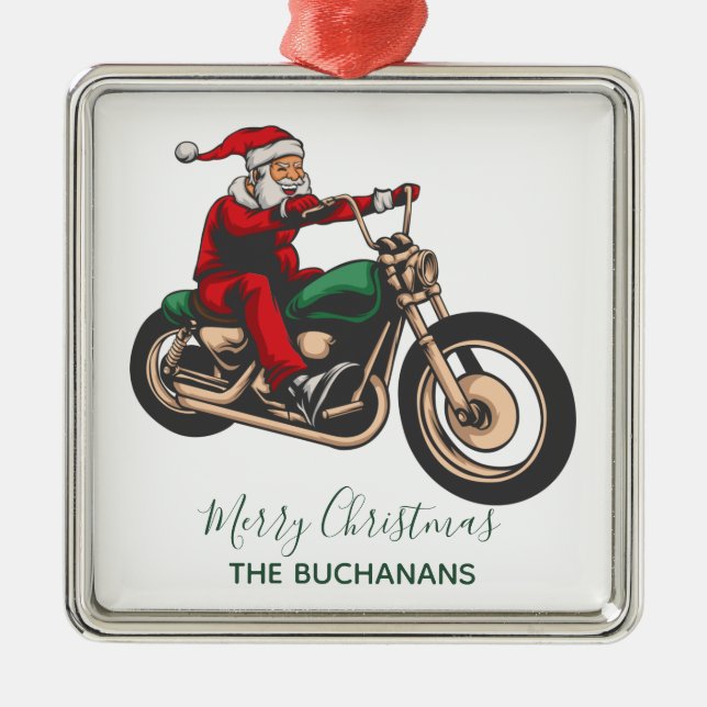 Personalized Family Biker Santa Christmas Metal Ornament (Front)