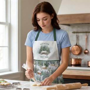 Personalized Family Cabin Winter Pine Forest Apron