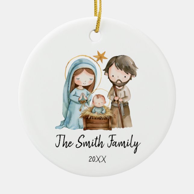 Personalized Family Christmas Joseph Mary Jesus Ceramic Ornament (Front)