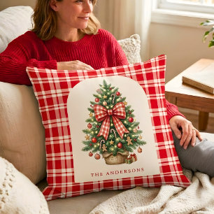 Personalized Family Christmas Tree Red Gingham Bow Throw Pillow