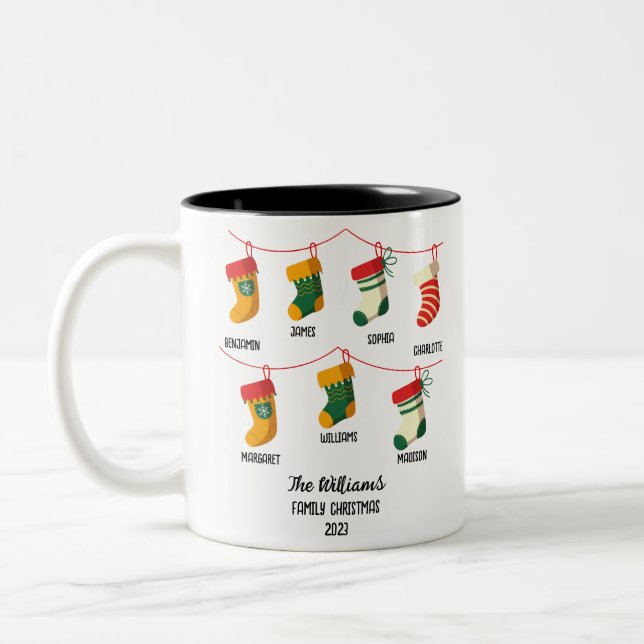 Personalized Family Christmas With 7 custom names Two-Tone Coffee Mug (Left)