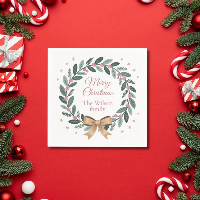 Personalized Family Christmas Wreath Napkin (Creator Uploaded)