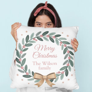 Personalized Family Christmas Wreath Throw Pillow