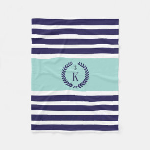 Personalized Family Crest Stripe Pattern Navy Mint Fleece Blanket