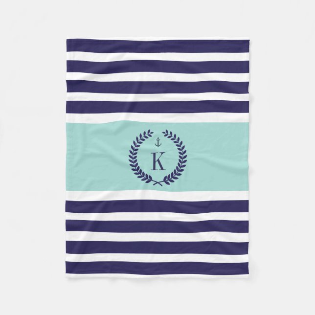 Personalized Family Crest Stripe Pattern Navy Mint Fleece Blanket (Front)