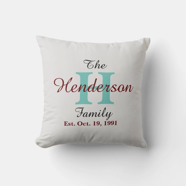 Personalized Family Established Name Initial Grey Throw Pillow (Front)