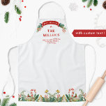 Personalized Family Festive Holiday Treats Border Apron<br><div class="desc">Gorgeous holiday apron with all text areas available for your own customization! Unique design with area for your name/family name and message on the top embellished by banner with holly and mistletoe. Lower area with exquisite festive border with Christmas trees holiday cookies, greenery, hollies, stars and candy canes. Great unique...</div>