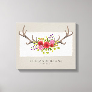 Personalized Family Floral Deer Antler Summer Canvas Print
