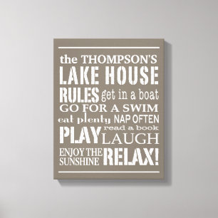 Personalized Family Lake House Rules Brown   White Canvas Print