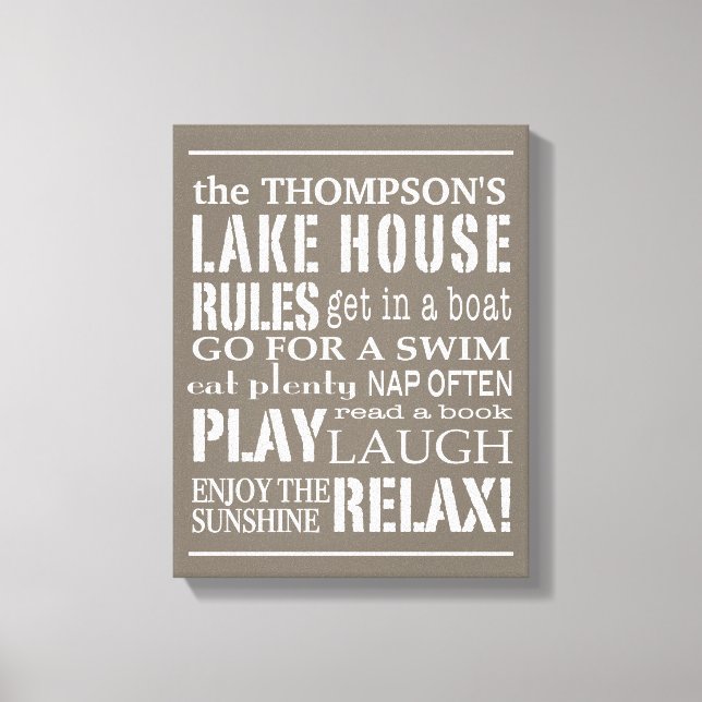 Personalized Family Lake House Rules Brown | White Canvas Print (Front)