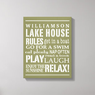 Personalized Family Lake House Rules Green   White Canvas Print