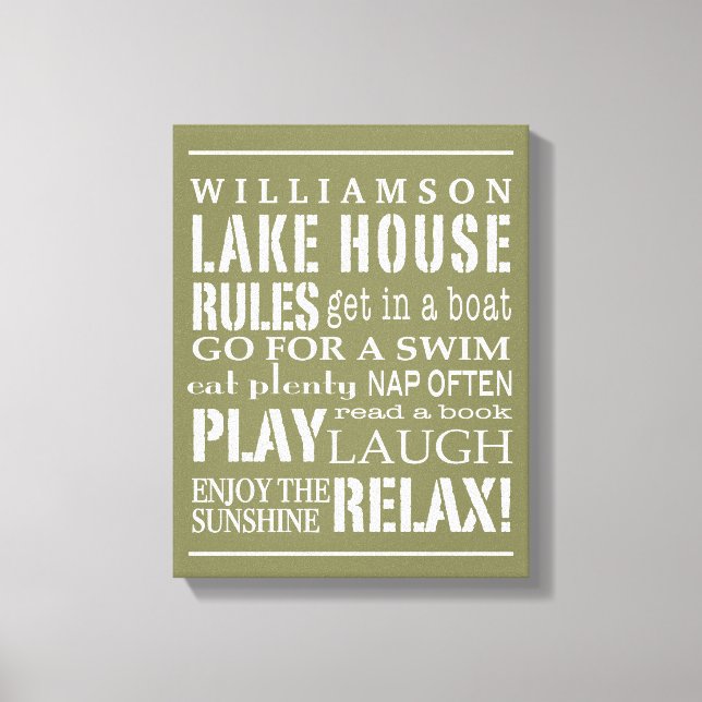 Personalized Family Lake House Rules Green | White Canvas Print (Front)