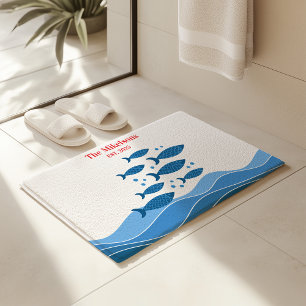 Personalized Family Modern Blue Coastal Fish Bath Mat