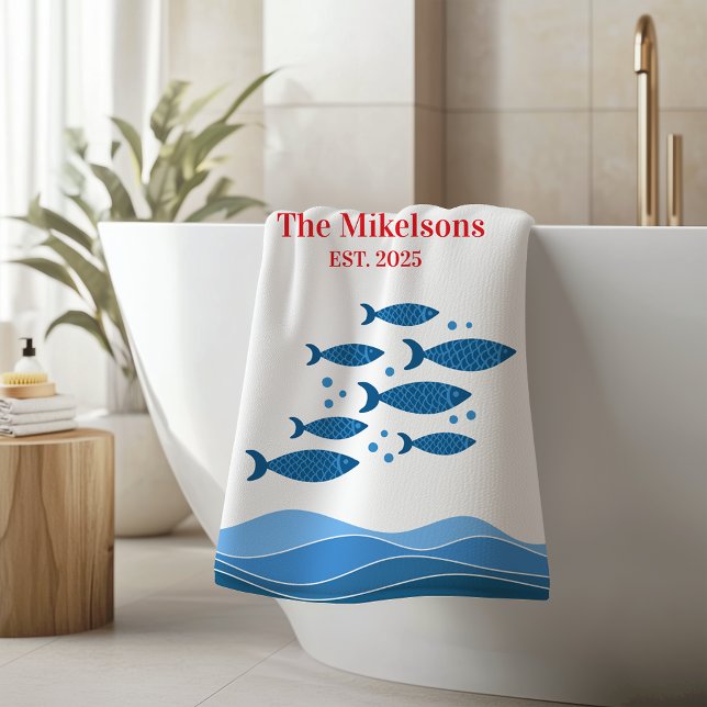 Personalized Family Modern Blue Coastal Fish Bath Towel (Creator Uploaded)