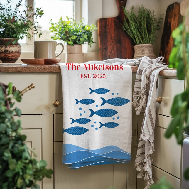 Personalized Family Modern Blue Coastal Fish Kitchen Towel (Creator Uploaded)