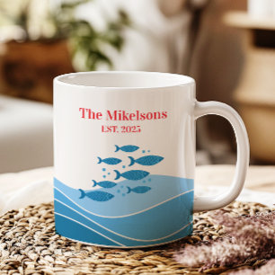 Personalized Family Modern Blue Coastal Fish Two-Tone Coffee Mug
