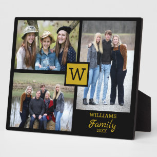 Personalized Family Monogram 3 Photo Black & Gold Plaque