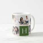 Personalized Family Monogram 9 Photo Collage Coffee Mug<br><div class="desc">Custom printed coffee mugs personalized with your family photos and monogram initial. This design template has space for 9 square Instagram photos with your family monogram on a green background. Use the design tools to add more photos, move things around and add your own custom text to create a unique...</div>