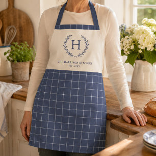 Personalized Family Monogram Blue Windowpane Apron