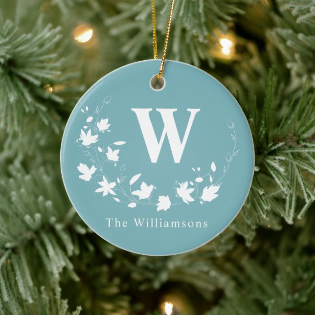 Personalized Family Monogram Teal Blue Botanical Ceramic Ornament (Tree)