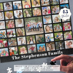 Personalized Family Name 45 Photo Collage Black Jigsaw Puzzle<br><div class="desc">Create a personalized photo memories jigsaw puzzle utilizing this easy-to-upload photo collage template with 45 square pictures and personalized with a family name or your custom text in your choice of font styles and colour and background colour (shown with white text on black). Commemorate a special occasion or event or...</div>