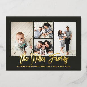 Personalized Family Name 4 Photo Collage Foil Holi Holiday Card