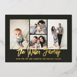 Personalized Family Name 4 Photo Collage Foil Holiday Card