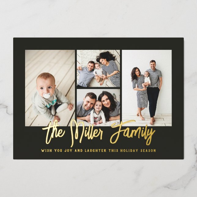 Personalized Family Name 4 Photo Collage Foil Holiday Card (Front)