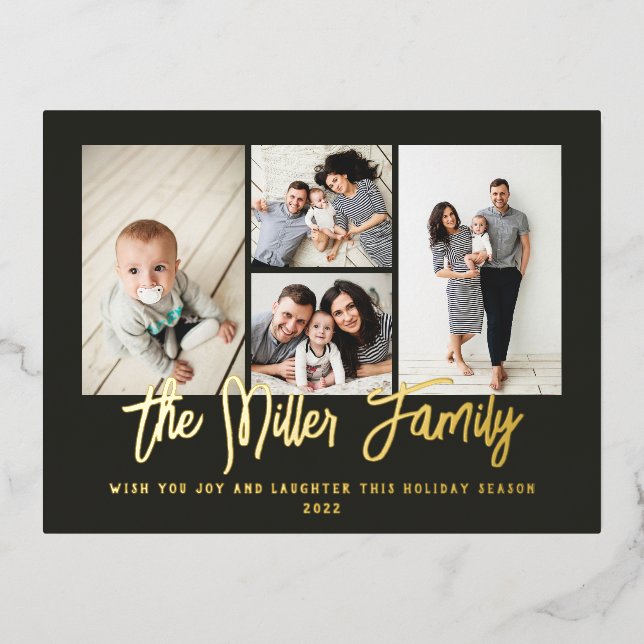 Personalized Family Name 4 Photo Collage Foil Holiday Postcard (Front)