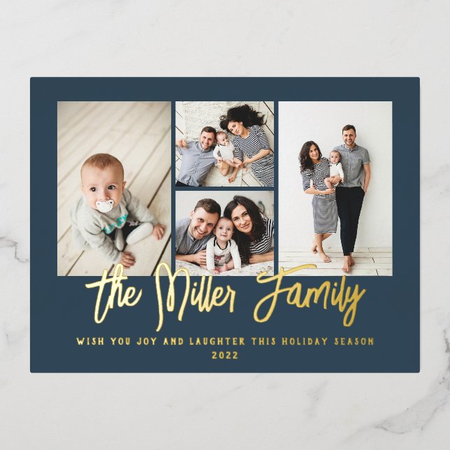 Personalized Family Name 4 Photo Collage Foil Holiday Postcard (Front)