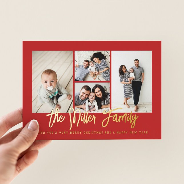 Personalized Family Name 4 Photo Collage Red Foil Holiday Card (Creator Uploaded)