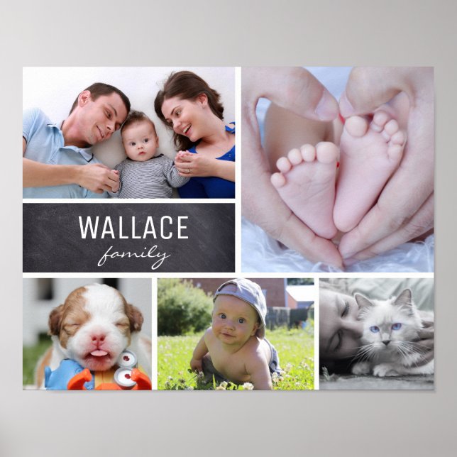Personalized Family Name, 5 Photo Collage Poster (Front)