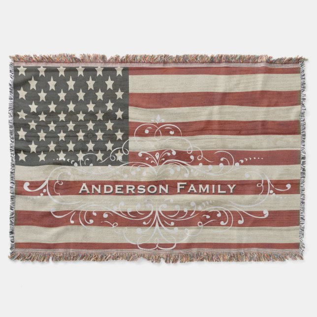 Personalized Family Name America Flag Wood Texture Throw Blanket (Front)