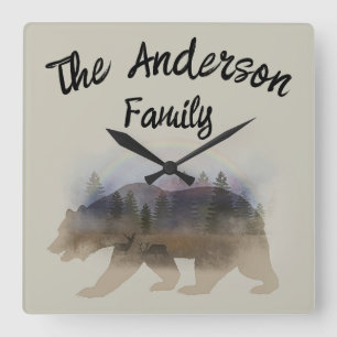 Personalized Family Name Bear Silhouette Square Wall Clock