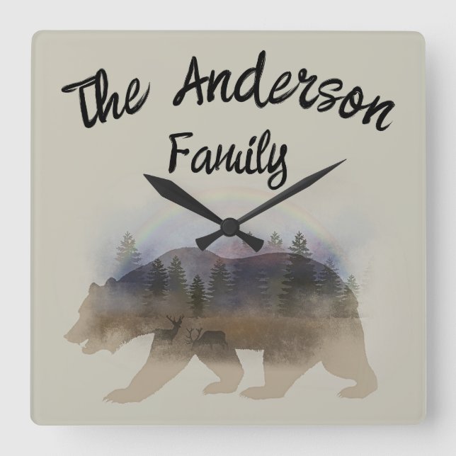 Personalized Family Name Bear Silhouette Square Wall Clock (Front)