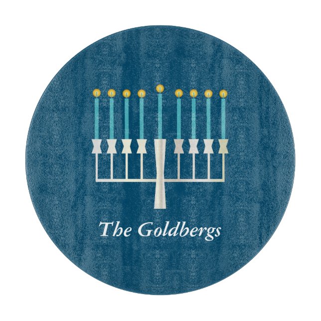 Personalized Family Name Blue Hanukkah Menorah Cutting Board (Front)