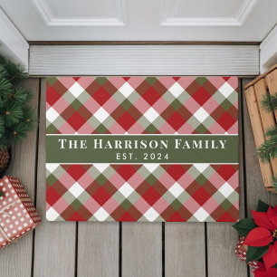 Personalized Family Name Christmas Holiday Plaid Doormat