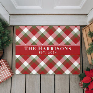 Personalized Family Name Christmas Holiday Plaid Doormat