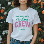 Personalized Family Name Christmas Matching Pink T-Shirt<br><div class="desc">Celebrate the holiday season with a personalized "Christmas Crew" t-shirt! This festive design is perfect for family gatherings, Christmas parties, or holiday photoshoots. Customize it with your family name for a fun, memorable keepsake. The playful mix of bold typography and whimsical script adds a modern twist to traditional Christmas colours,...</div>