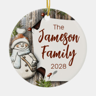 Personalized Family Name Christmas Snowman Ceramic Ornament