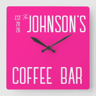 Personalized Family Name Coffee Bar Hot Pink Square Wall Clock