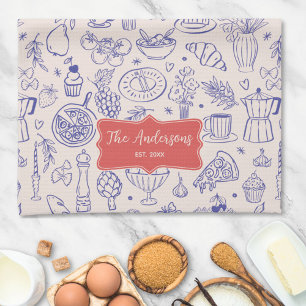 Personalized Family Name Cute Hand Drawn Food Kitchen Towel