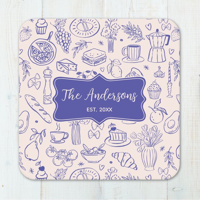 Personalized Family Name Cute Hand Drawn Food Square Paper Coaster (In situ)