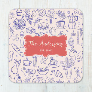 Personalized Family Name Cute Hand Drawn Food Square Paper Coaster