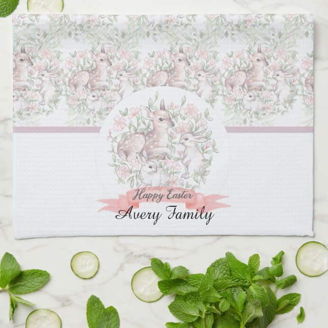 Personalized Family Name Deer Bunny Easter Kitchen Towel (Folded)