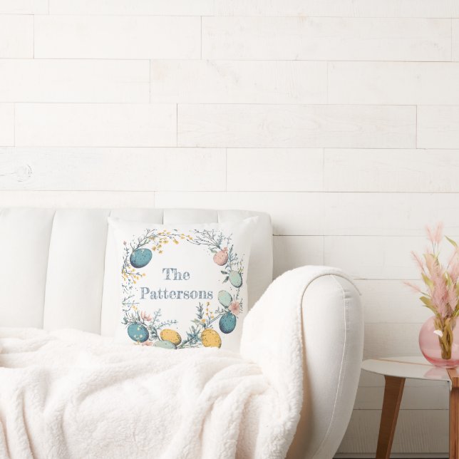 Personalized Family Name Floral Egg Wreath Easter Throw Pillow (Couch)