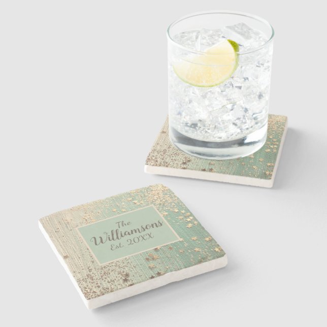 Personalized Family Name Gold Stardust on Green Stone Coaster (Side)