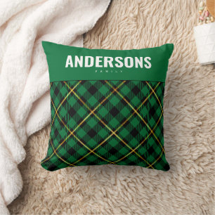 Personalized Family Name Green Buffalo Plaid Throw Pillow