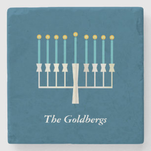 Personalized Family Name Hanukkah Menorah Blue Stone Coaster
