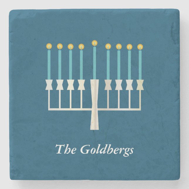 Personalized Family Name Hanukkah Menorah Blue Stone Coaster (Front)